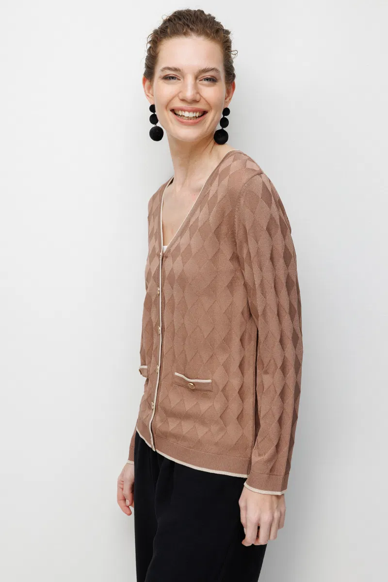 Desen Triko Kadın V Yaka Küçük Baklava Desenli İnce Triko Hırka 26360 Mocha - 2