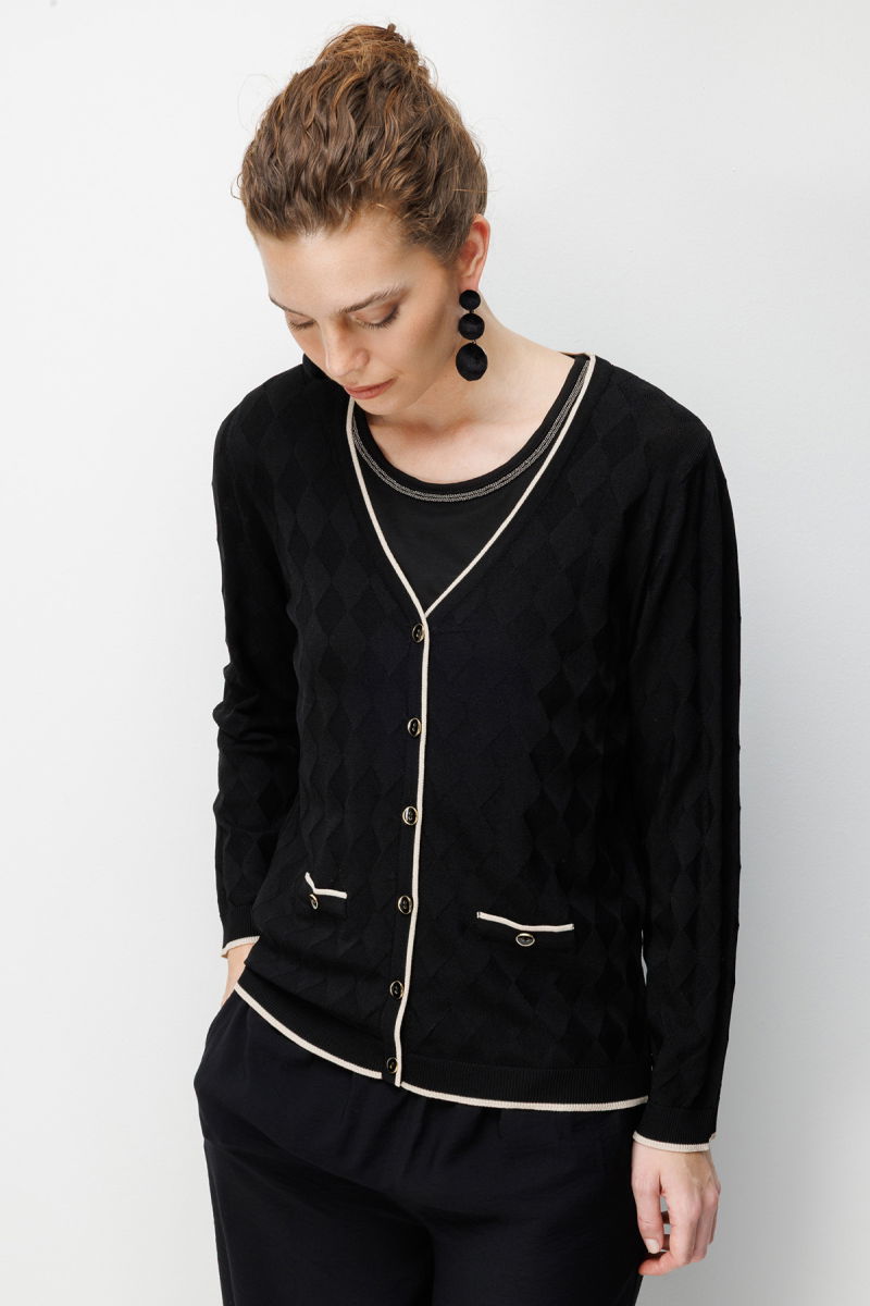 Desen Triko Kadın V Yaka Küçük Baklava Desenli İnce Triko Hırka 26360 Siyah - 2