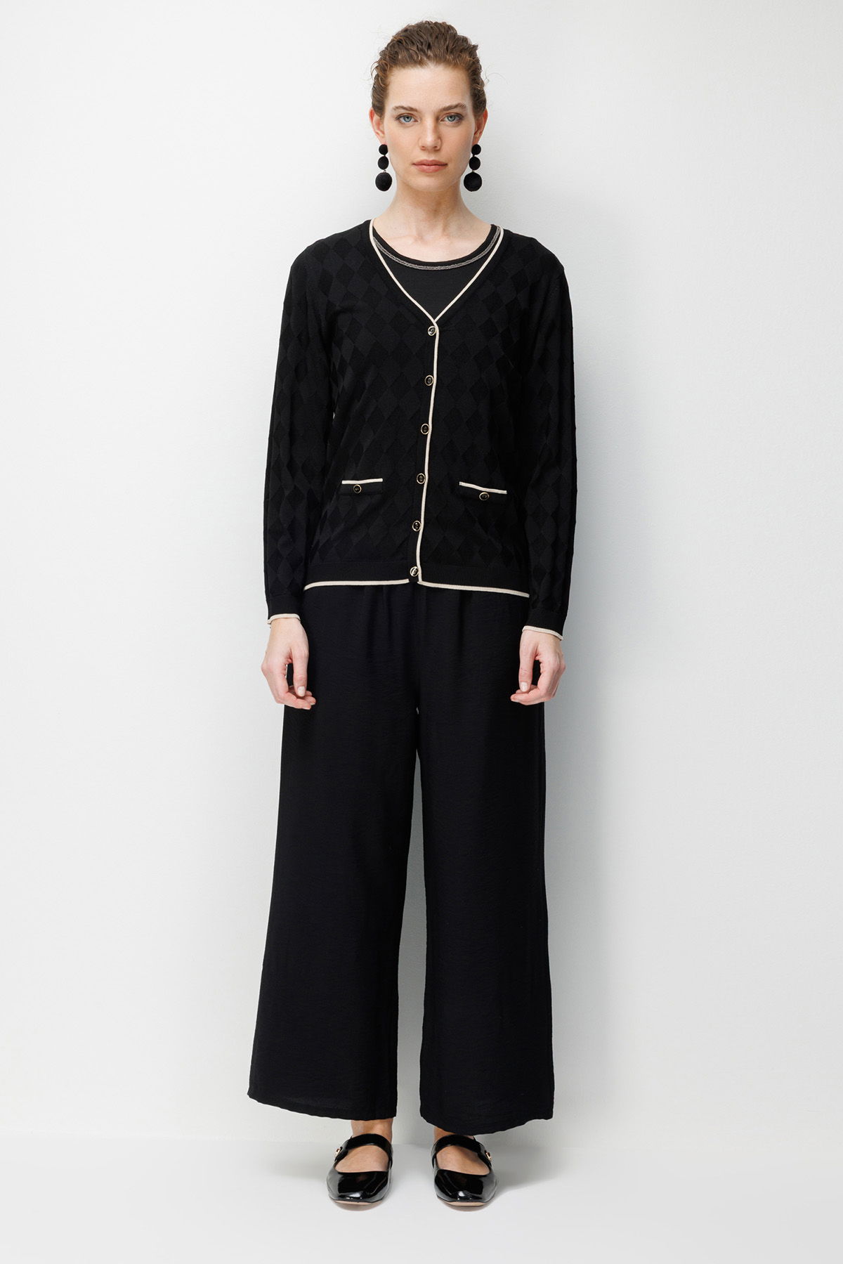 Desen Triko Kadın V Yaka Küçük Baklava Desenli İnce Triko Hırka 26360 Siyah - 3