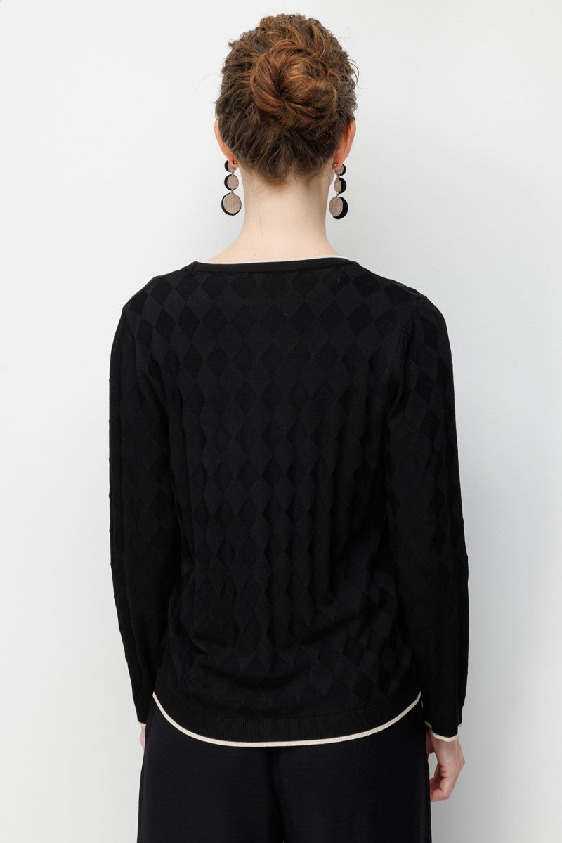 Desen Triko Kadın V Yaka Küçük Baklava Desenli İnce Triko Hırka 26360 Siyah - 4