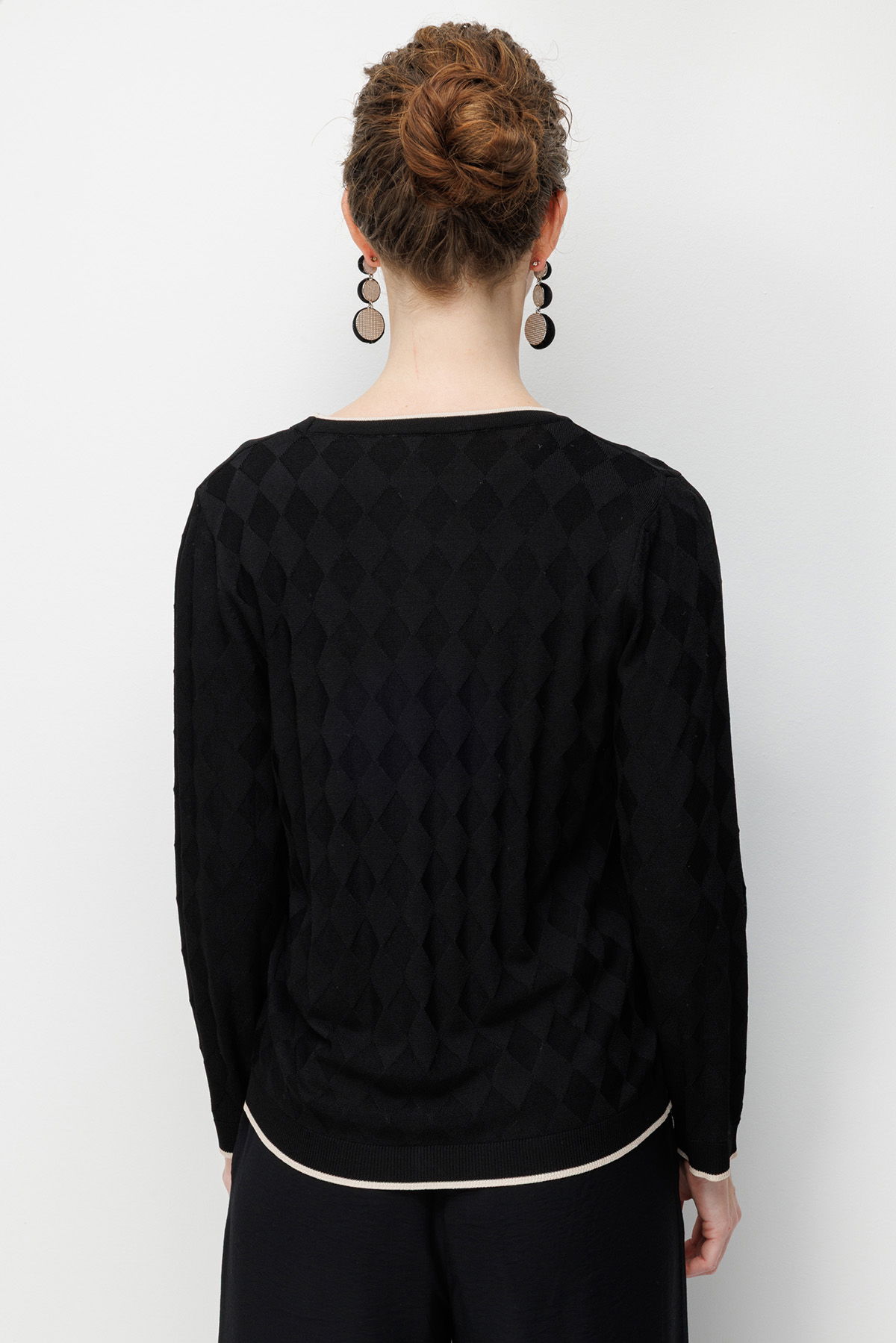 Desen Triko Kadın V Yaka Küçük Baklava Desenli İnce Triko Hırka 26360 Siyah - 4