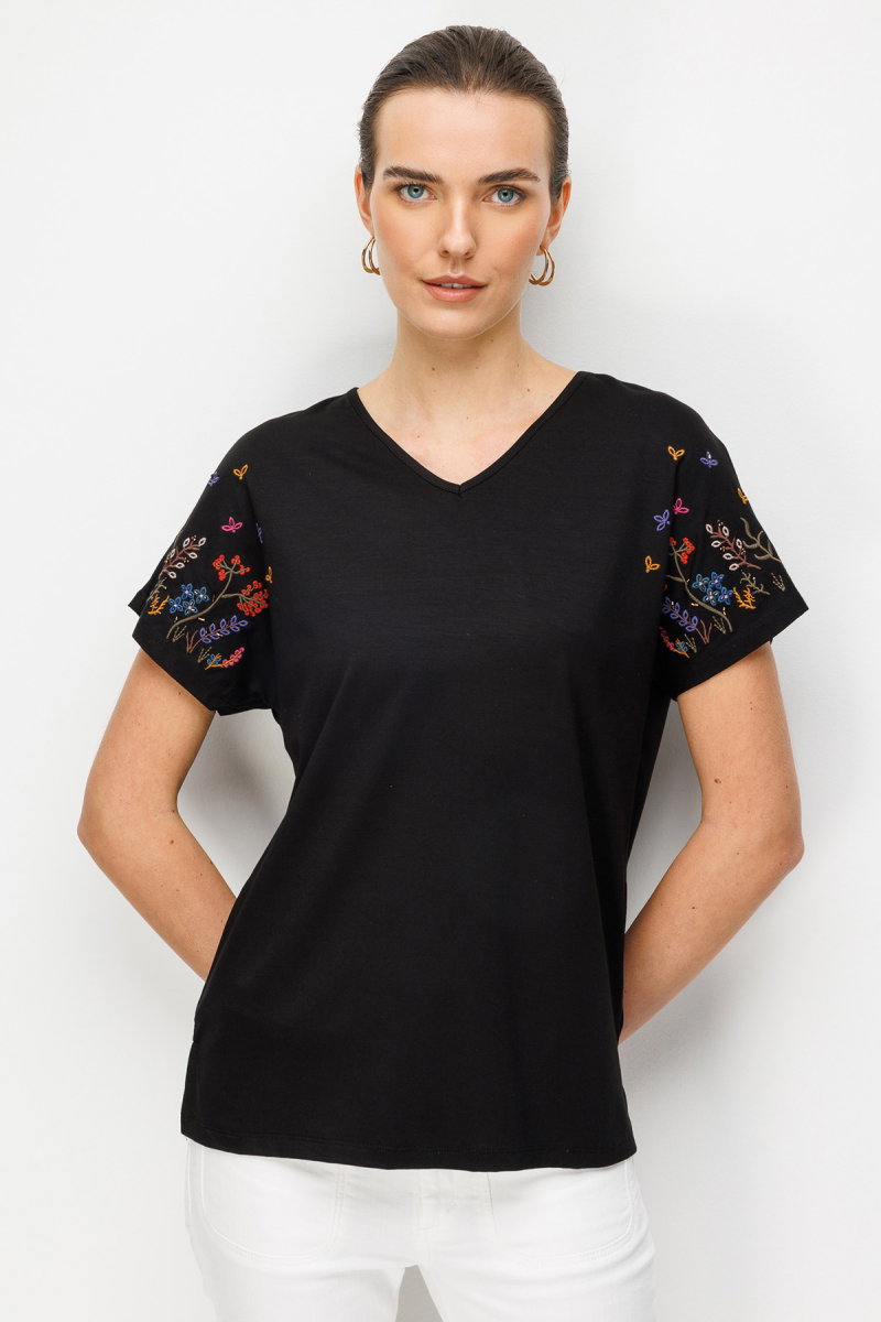 Desen Triko Kadın V Yaka Nakış İşlemeli Düşük Kollu Penye T-Shirt 26703 Siyah - Desen Triko