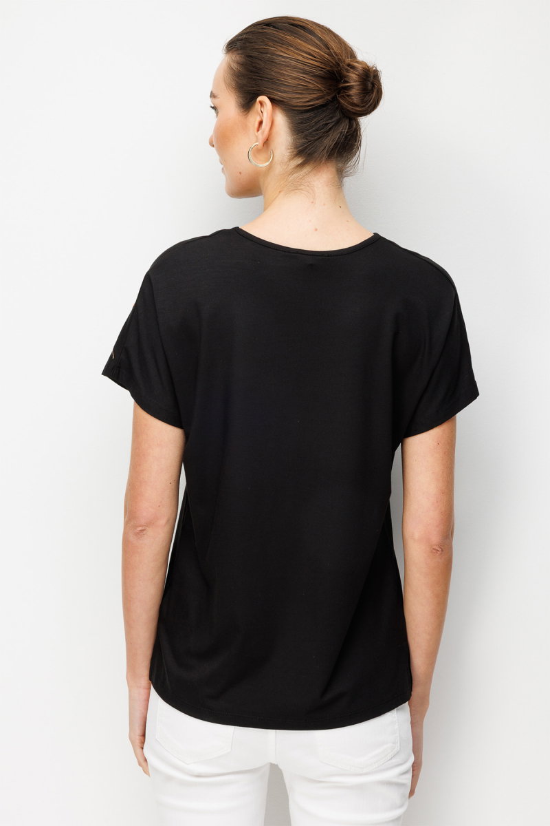 Desen Triko Kadın V Yaka Nakış İşlemeli Düşük Kollu Penye T-Shirt 26703 Siyah - 4