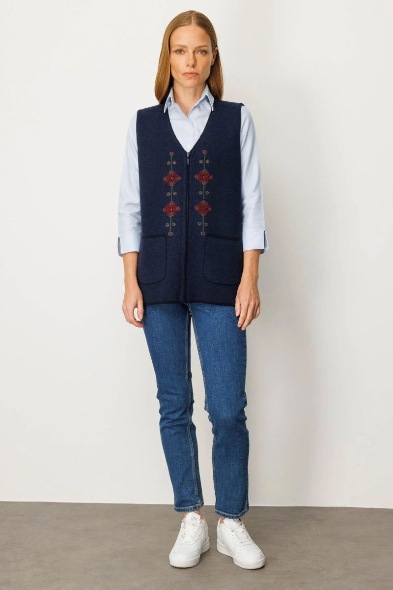 Desen Triko Kadın V Yaka Nakış İşlemeli Kısa Yün Yelek 25002 Koyu Lacivert - 3