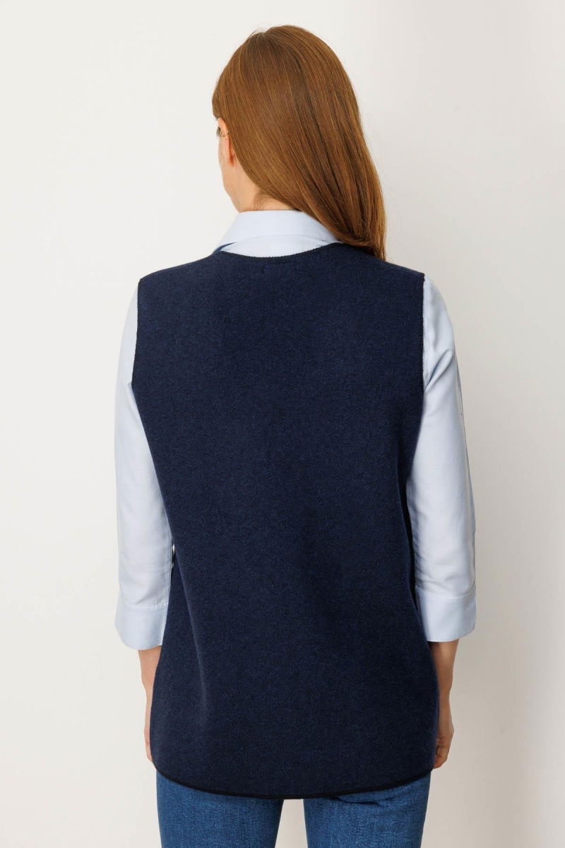 Desen Triko Kadın V Yaka Nakış İşlemeli Kısa Yün Yelek 25002 Koyu Lacivert - 4