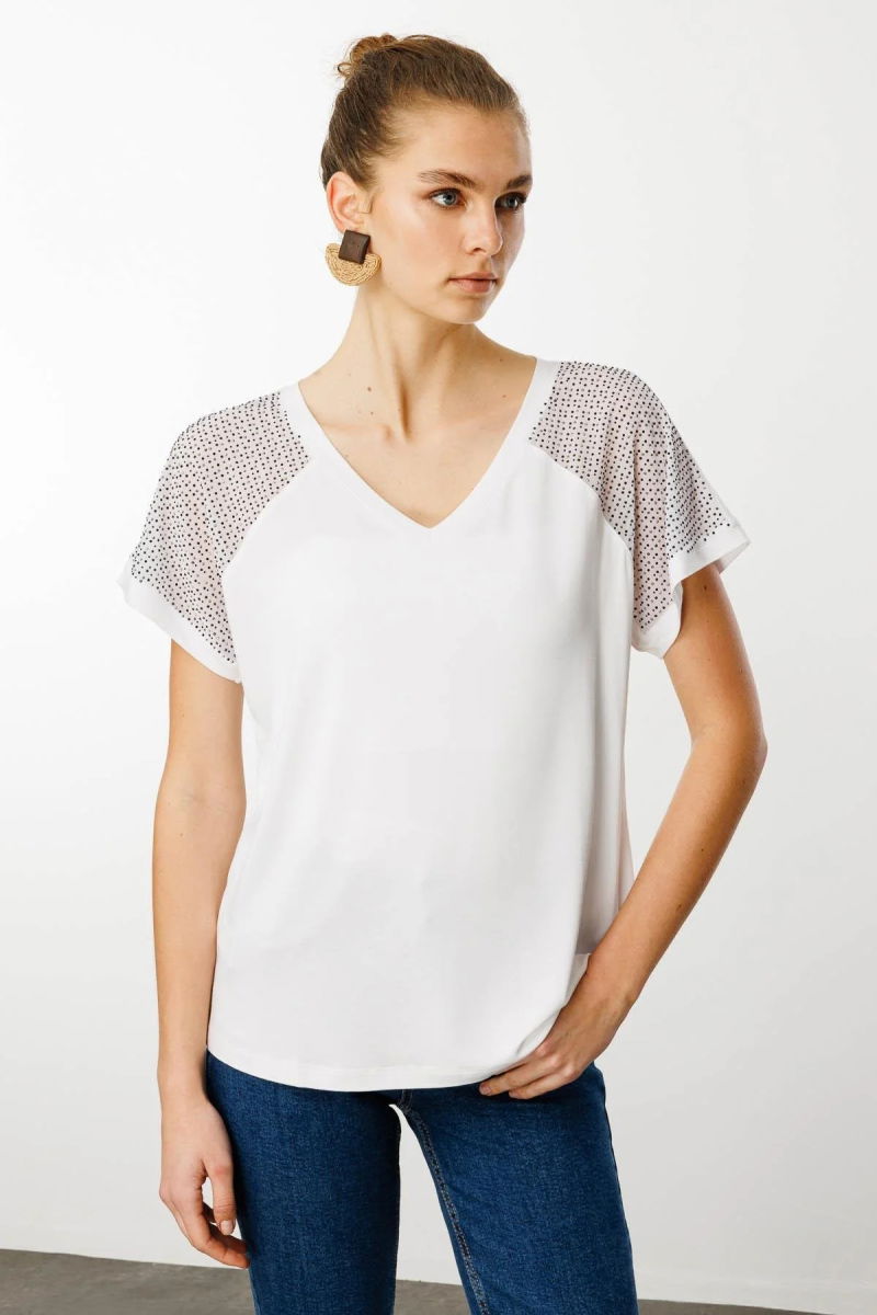 Desen Triko Kadın V Yaka Omuzları Taş Baskılı Penye T-Shirt 25836 Beyaz - 2