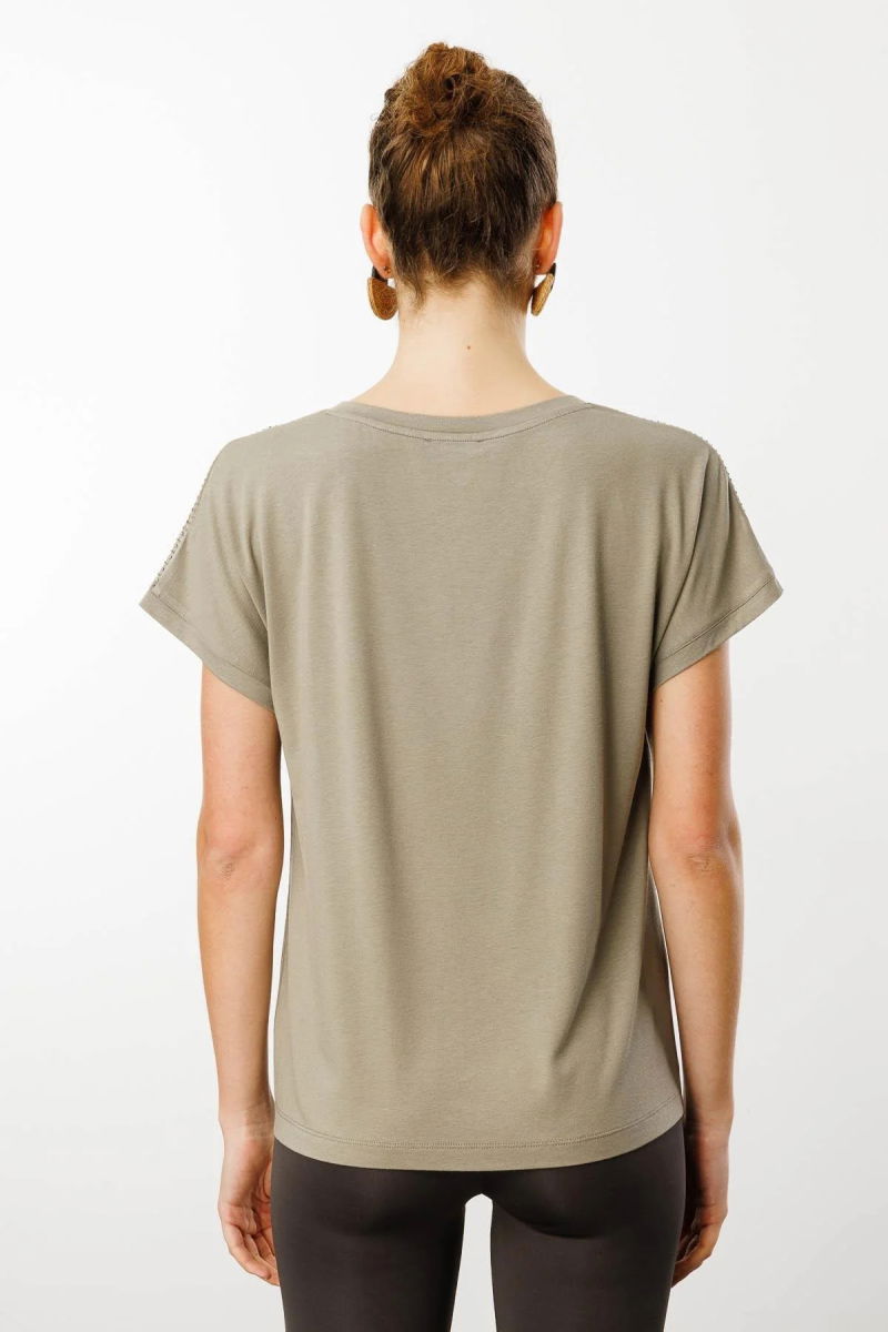 Desen Triko Kadın V Yaka Omuzları Taş Baskılı Penye T-Shirt 25836 Haki - 4