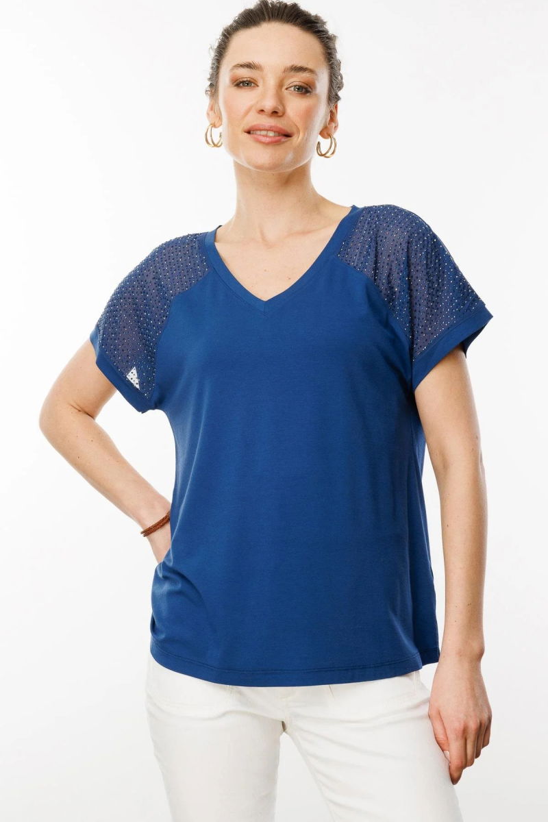 Desen Triko Kadın V Yaka Omuzları Taş Baskılı Penye T-Shirt 25836 Lacivert 