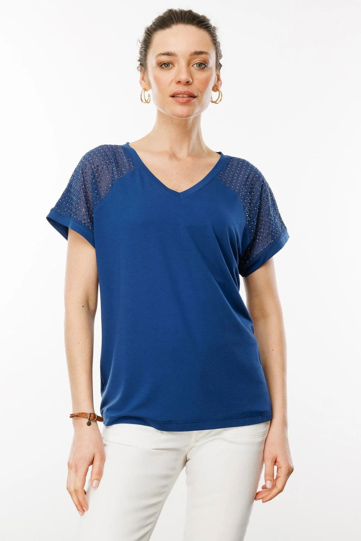 Desen Triko Kadın V Yaka Omuzları Taş Baskılı Penye T-Shirt 25836 Lacivert - 3