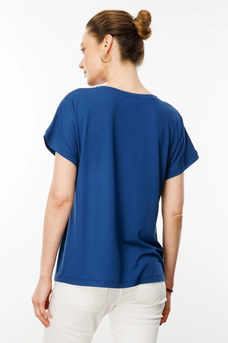 Desen Triko Kadın V Yaka Omuzları Taş Baskılı Penye T-Shirt 25836 Lacivert - 4
