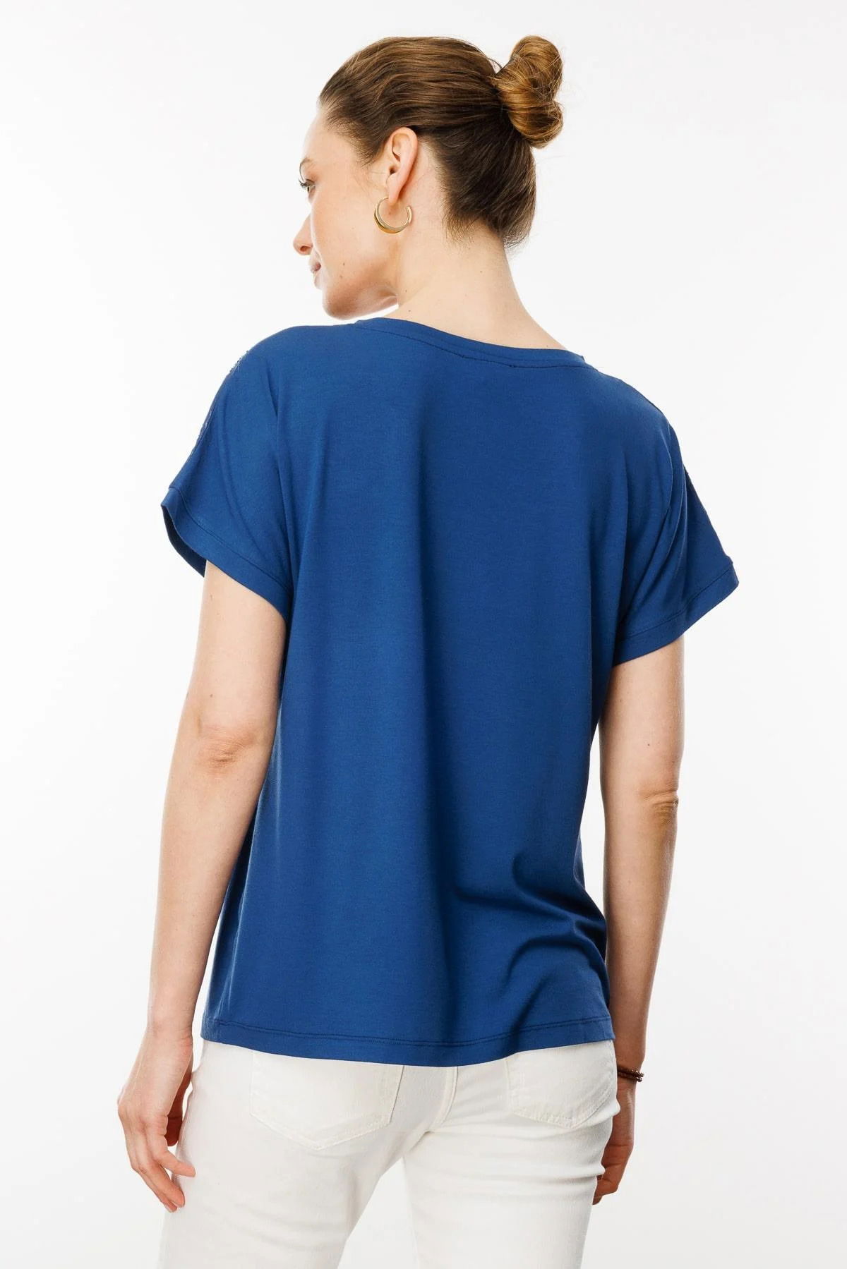 Desen Triko Kadın V Yaka Omuzları Taş Baskılı Penye T-Shirt 25836 Lacivert - 4