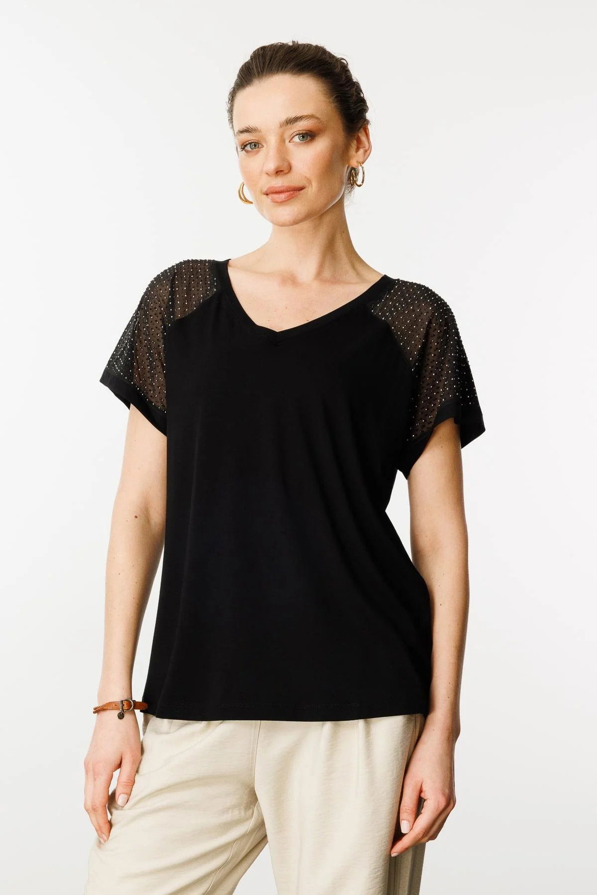 Desen Triko Kadın V Yaka Omuzları Taş Baskılı Penye T-Shirt 25836 Siyah - 1