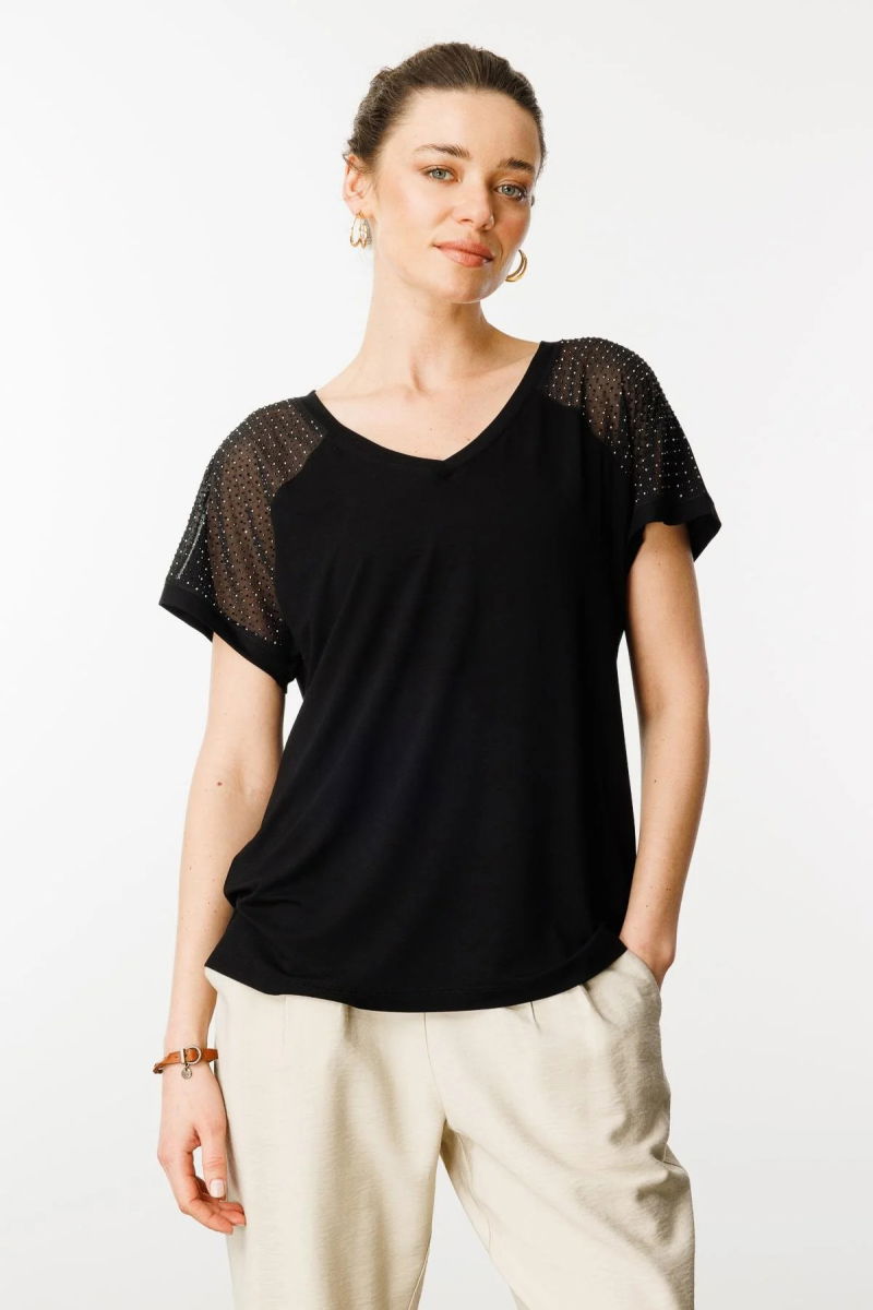Desen Triko Kadın V Yaka Omuzları Taş Baskılı Penye T-Shirt 25836 Siyah - 3