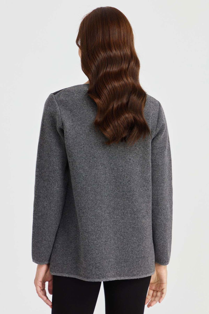 Desen Triko Kadın V Yaka Omzu ve Cebi Keçe İşlemeli Yün Ceket 23009 Füme - 4