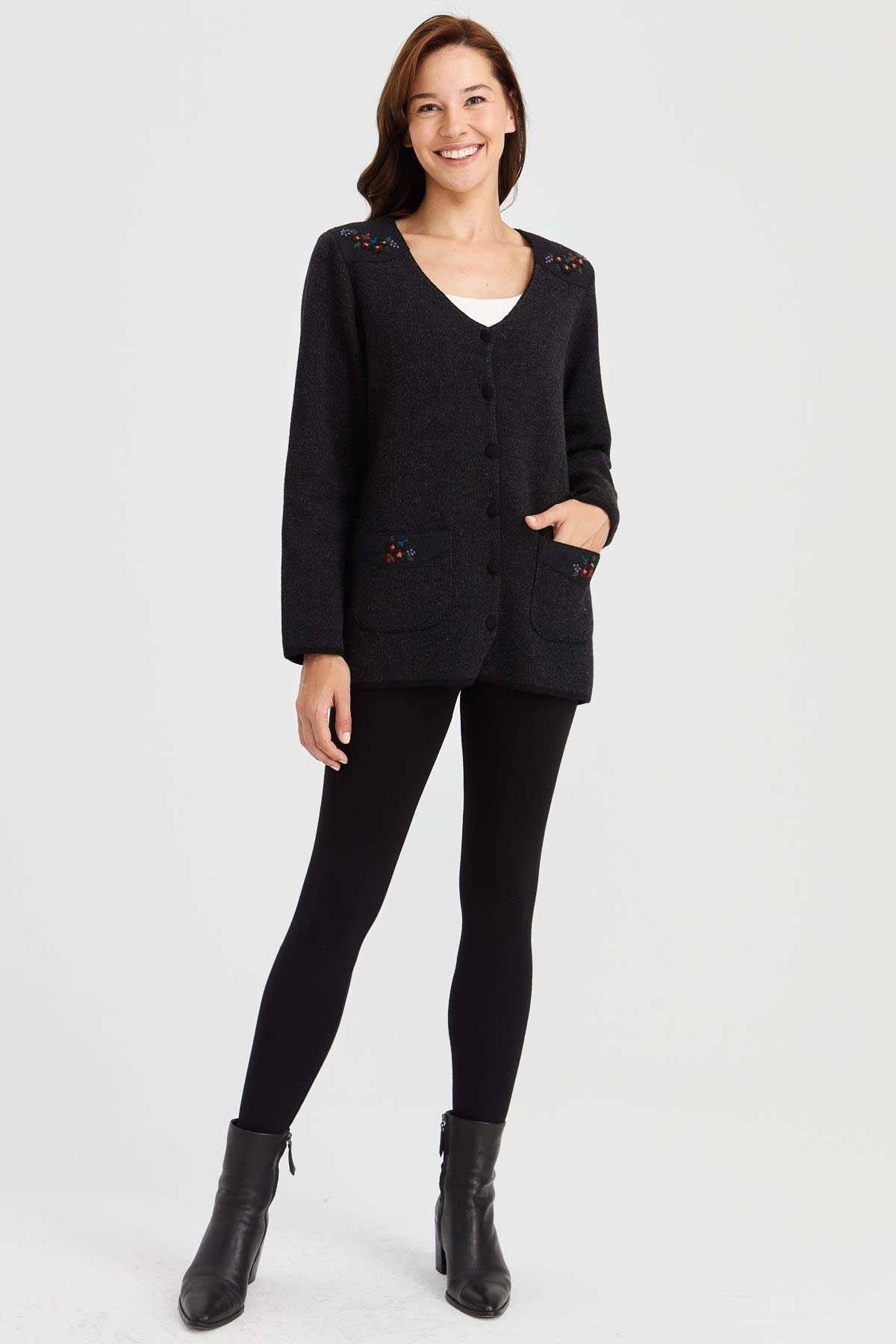 Desen Triko Kadın V Yaka Omzu ve Cebi Keçe İşlemeli Yün Ceket 23009 Siyah - 2