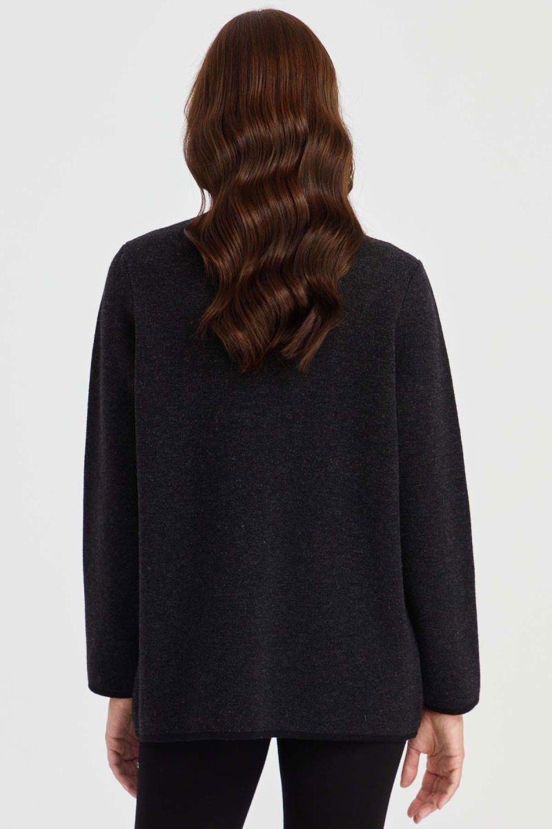 Desen Triko Kadın V Yaka Omzu ve Cebi Keçe İşlemeli Yün Ceket 23009 Siyah - 4