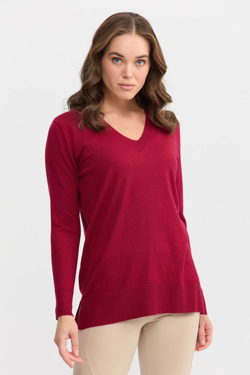 Desen Triko Kadın V Yaka Önü Arkası Yırtmaçlı Kazak 22364 Vişne - Desen Triko