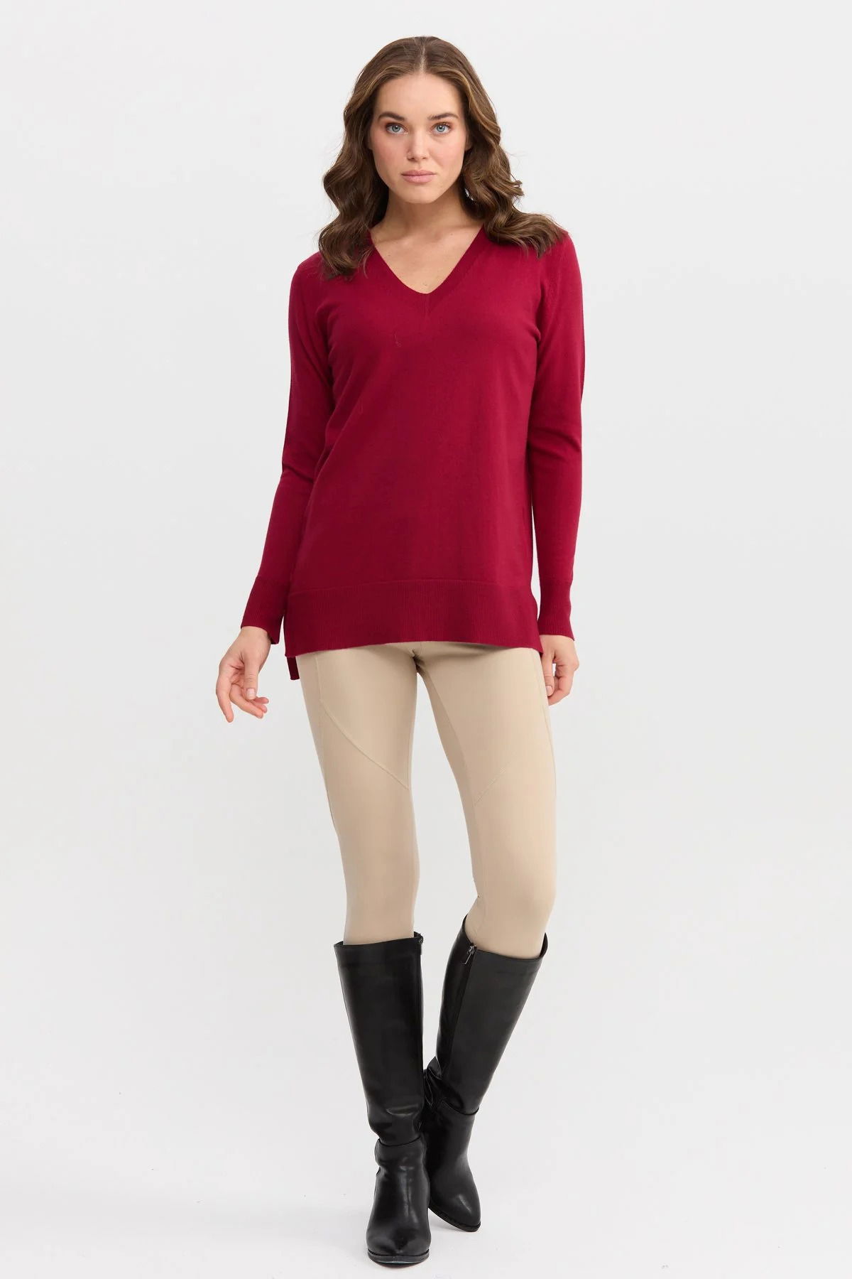 Desen Triko Kadın V Yaka Önü Arkası Yırtmaçlı Kazak 22364 Vişne - 2