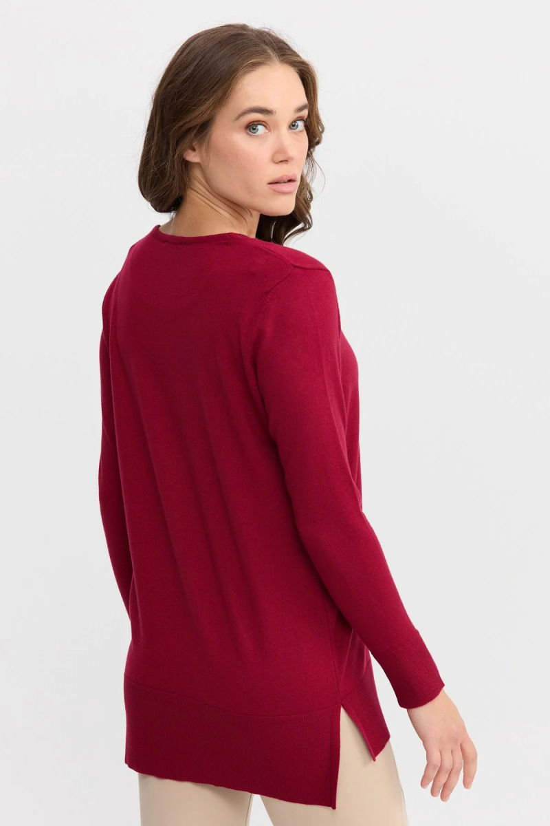 Desen Triko Kadın V Yaka Önü Arkası Yırtmaçlı Kazak 22364 Vişne - 4