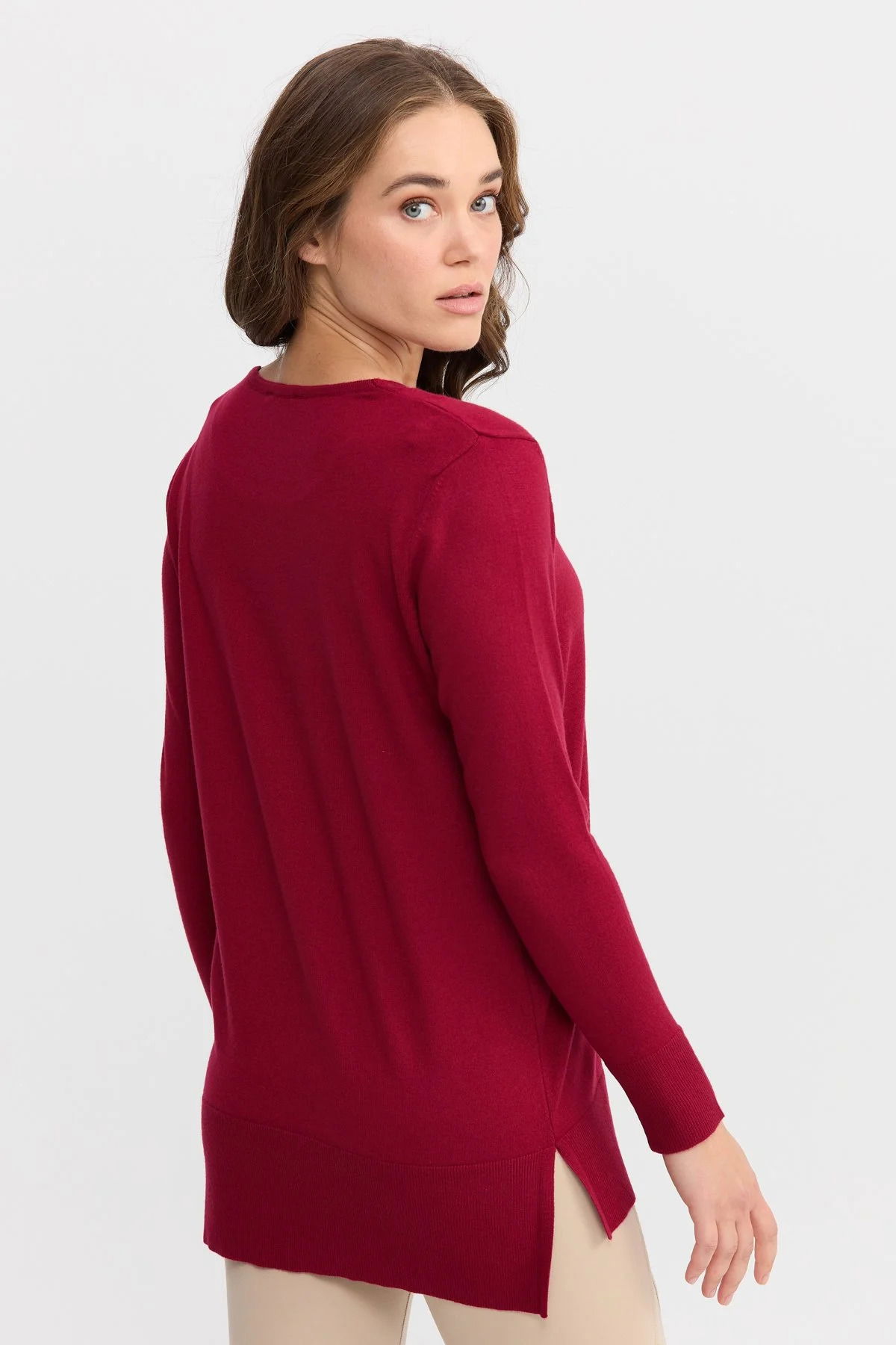 Desen Triko Kadın V Yaka Önü Arkası Yırtmaçlı Kazak 22364 Vişne - 4