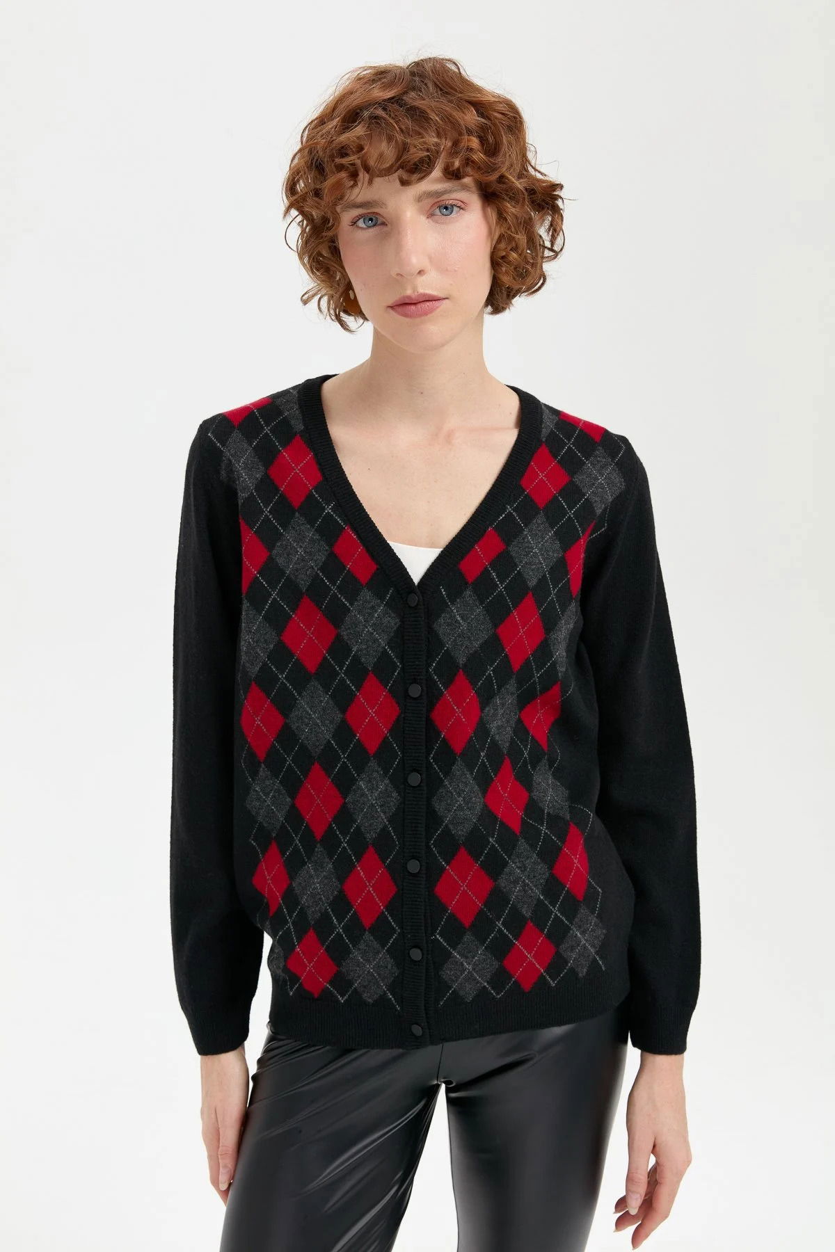 Desen Triko Kadın V Yaka Önü Baklavalı Hırka 24040 Siyah - 1