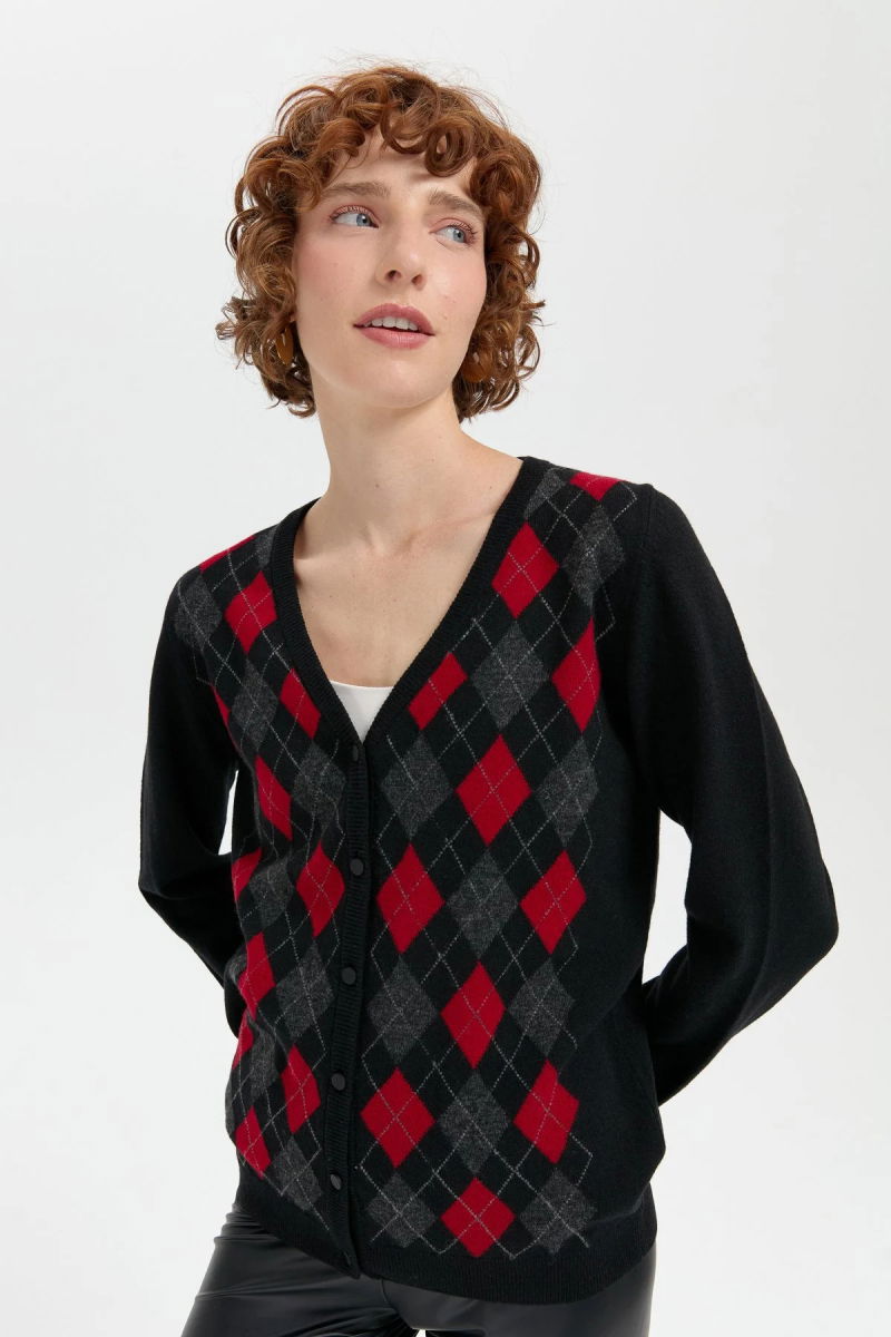 Desen Triko Kadın V Yaka Önü Baklavalı Hırka 24040 Siyah - 3