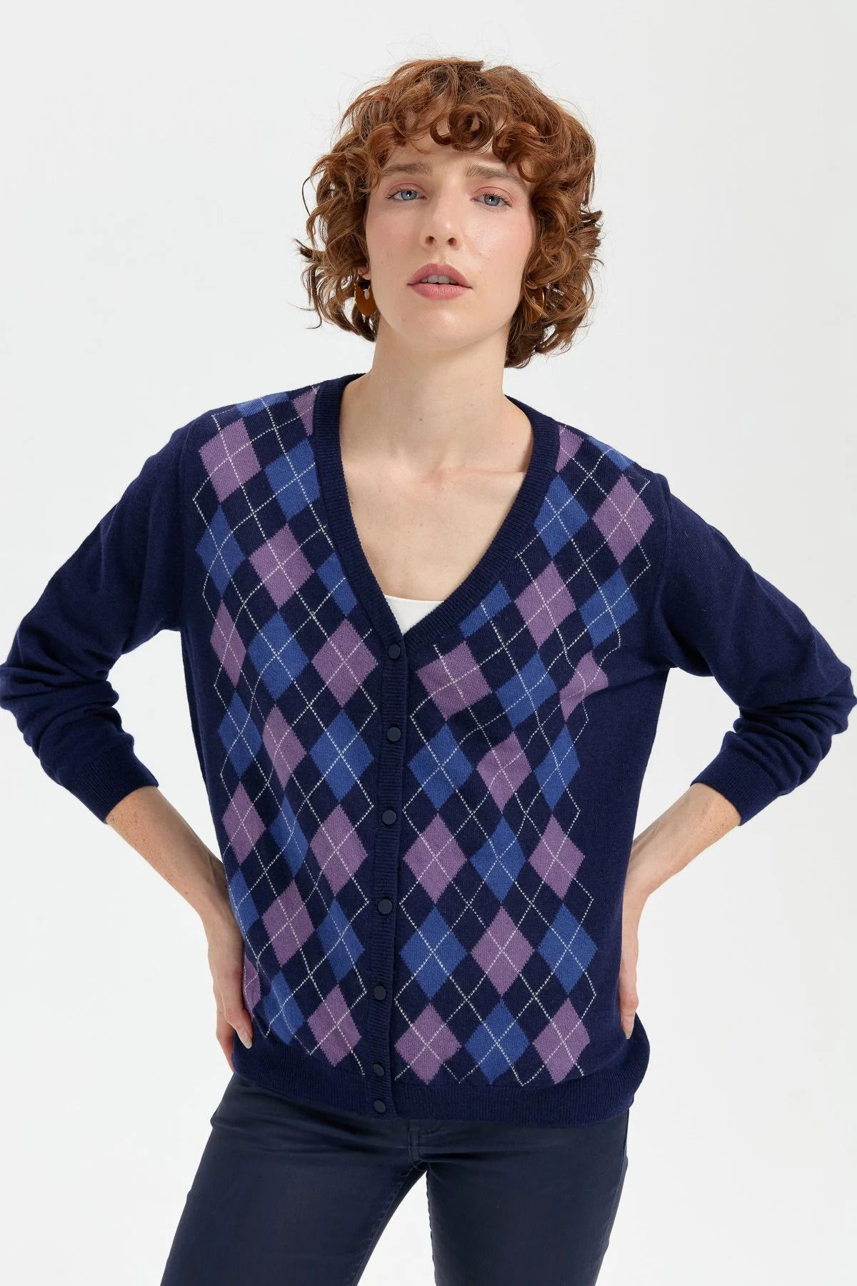 Desen Triko Kadın V Yaka Önü Baklavalı Hırka 24040 Y.A. Lacivert - 1