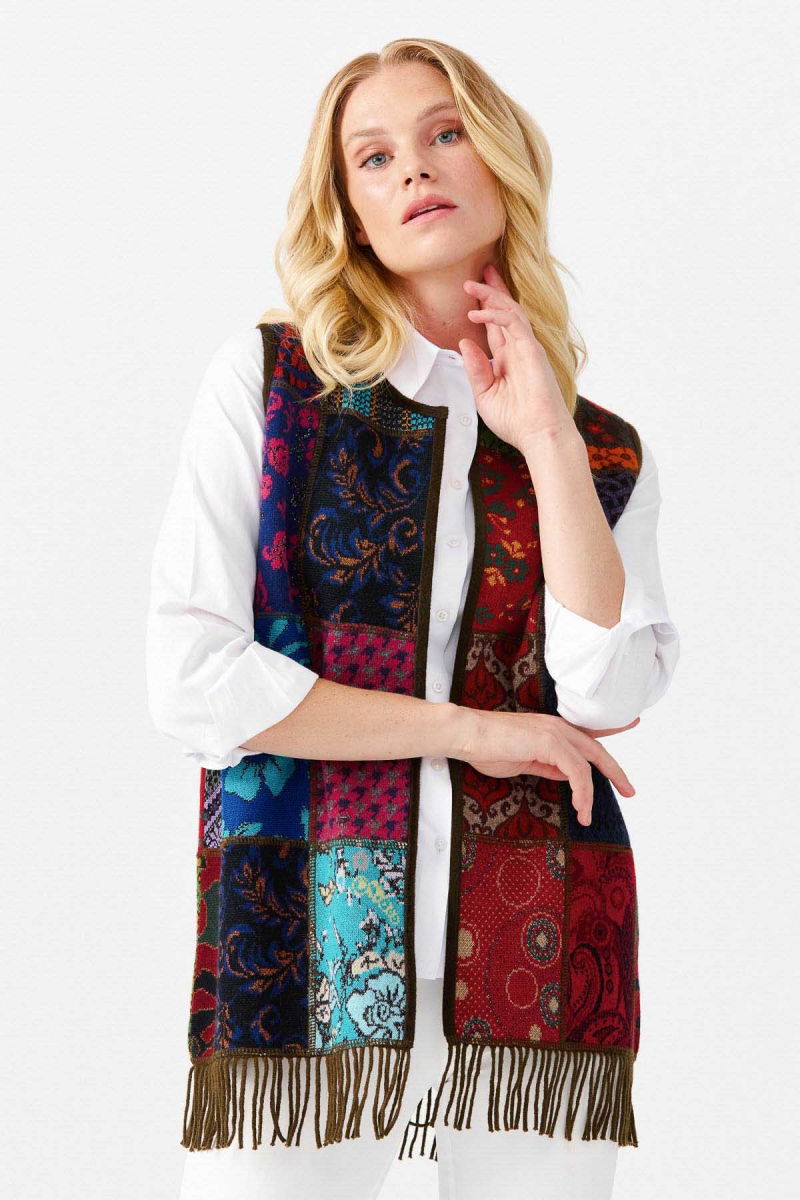 Desen Triko Kadın V Yaka Patchwork Yün Yelek 22206 Açık Yeşil - 1