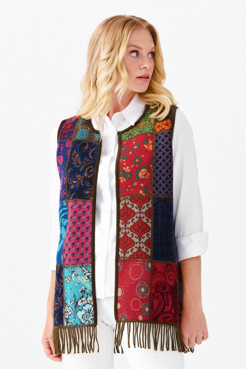 Desen Triko Kadın V Yaka Patchwork Yün Yelek 22206 Açık Yeşil - 3