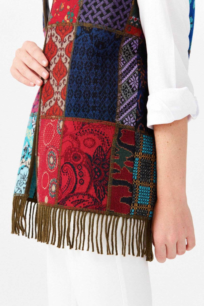 Desen Triko Kadın V Yaka Patchwork Yün Yelek 22206 Açık Yeşil - 4