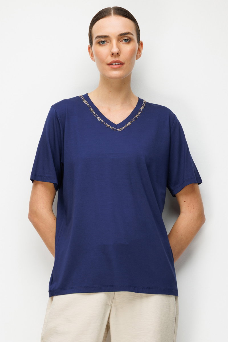 Desen Triko Kadın V Yaka Yaka Kenarı İşlemeli Penye T-Shirt 26704 Lacivert - Desen Triko