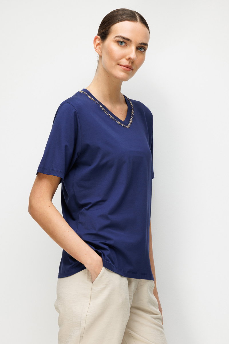 Desen Triko Kadın V Yaka Yaka Kenarı İşlemeli Penye T-Shirt 26704 Lacivert - 2