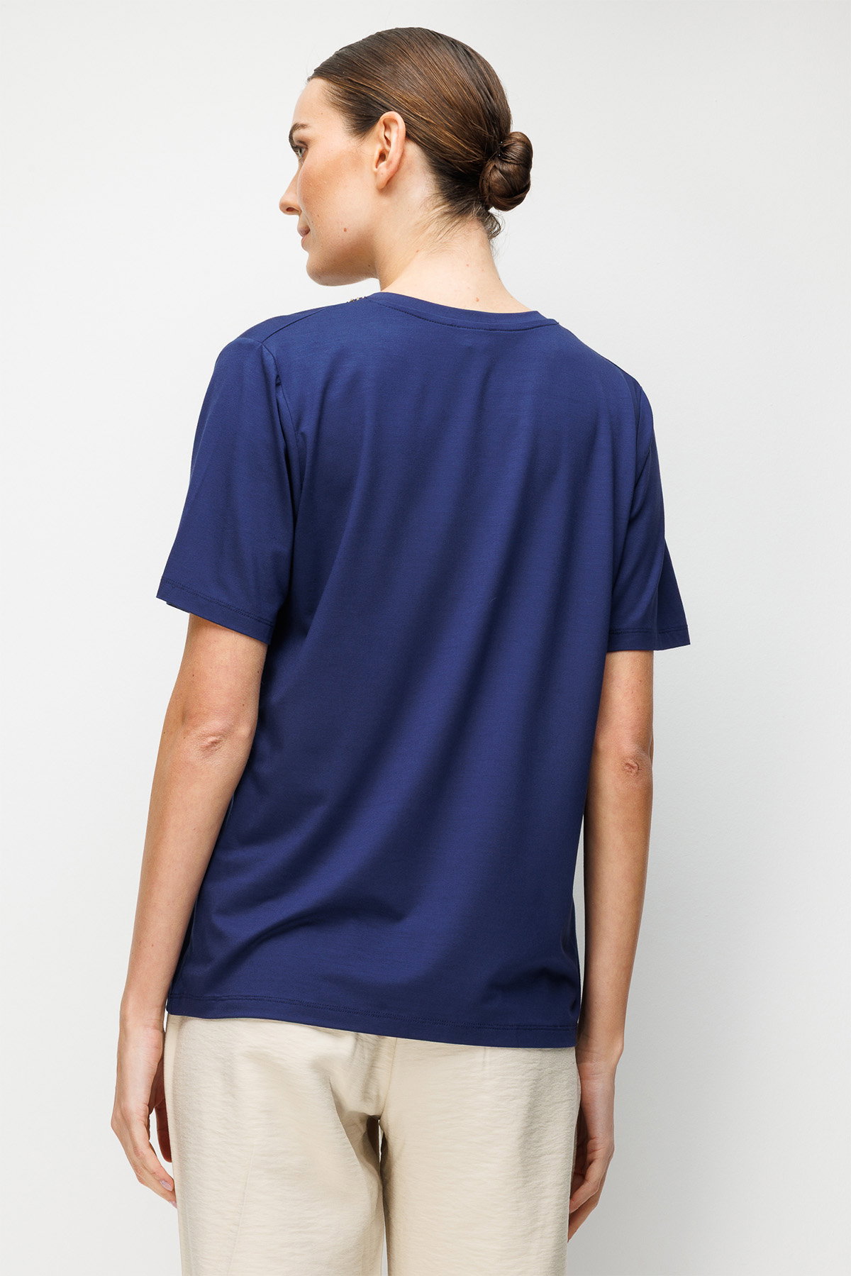 Desen Triko Kadın V Yaka Yaka Kenarı İşlemeli Penye T-Shirt 26704 Lacivert - 4