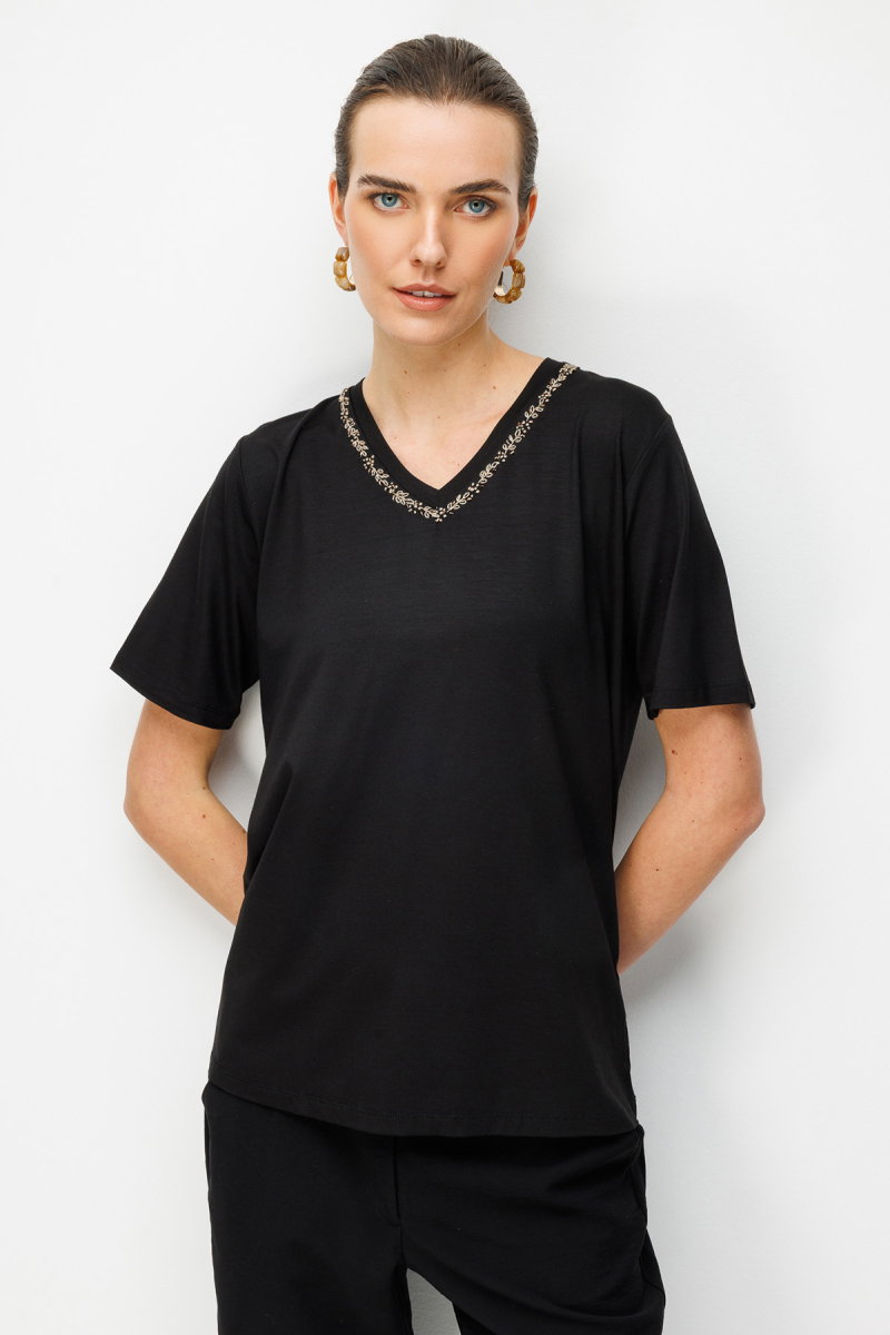 Desen Triko Kadın V Yaka Yaka Kenarı İşlemeli Penye T-Shirt 26704 Siyah - Desen Triko