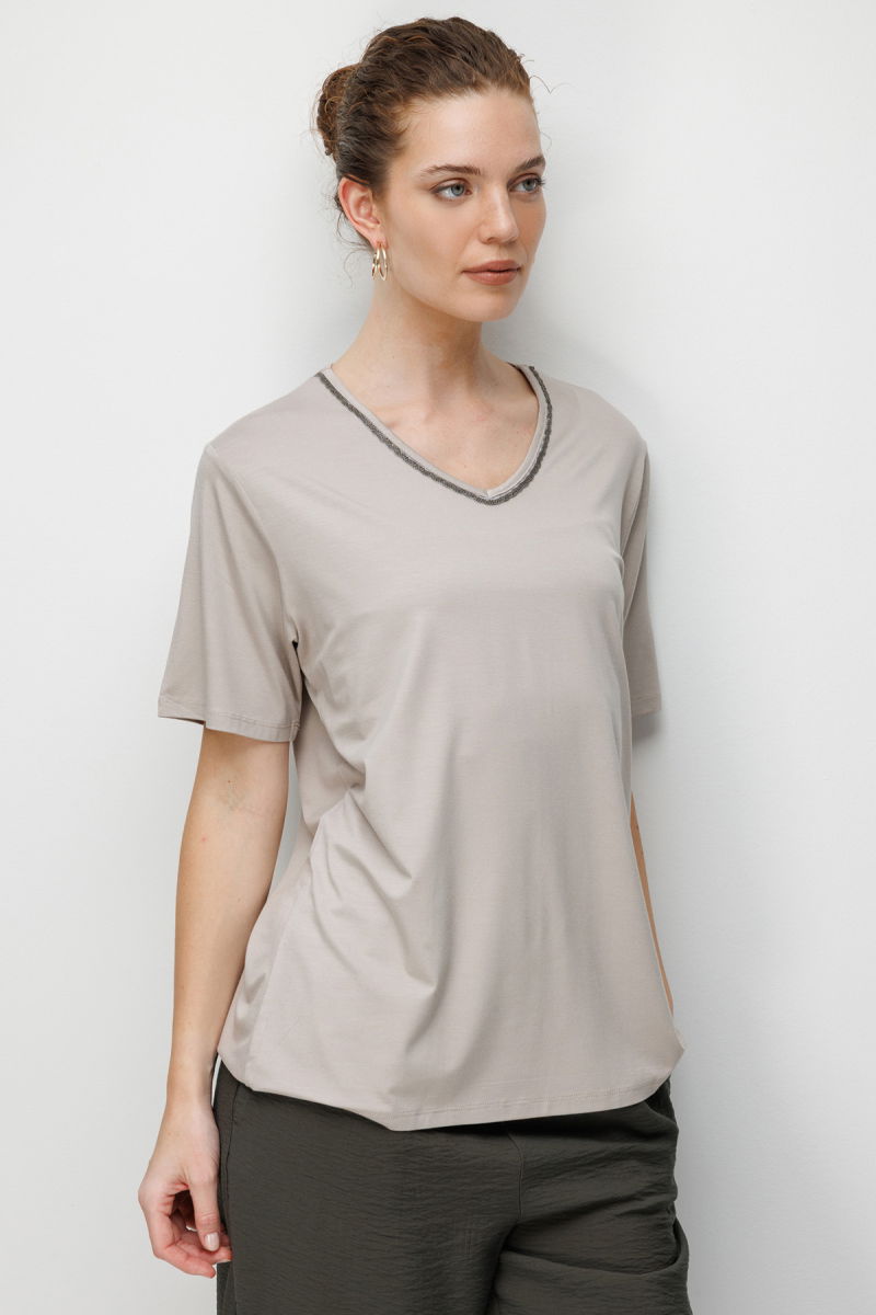 Desen Triko Kadın V Yaka Yaka Kenarı Zincirli Penye T-Shirt 26707 Bej - 2