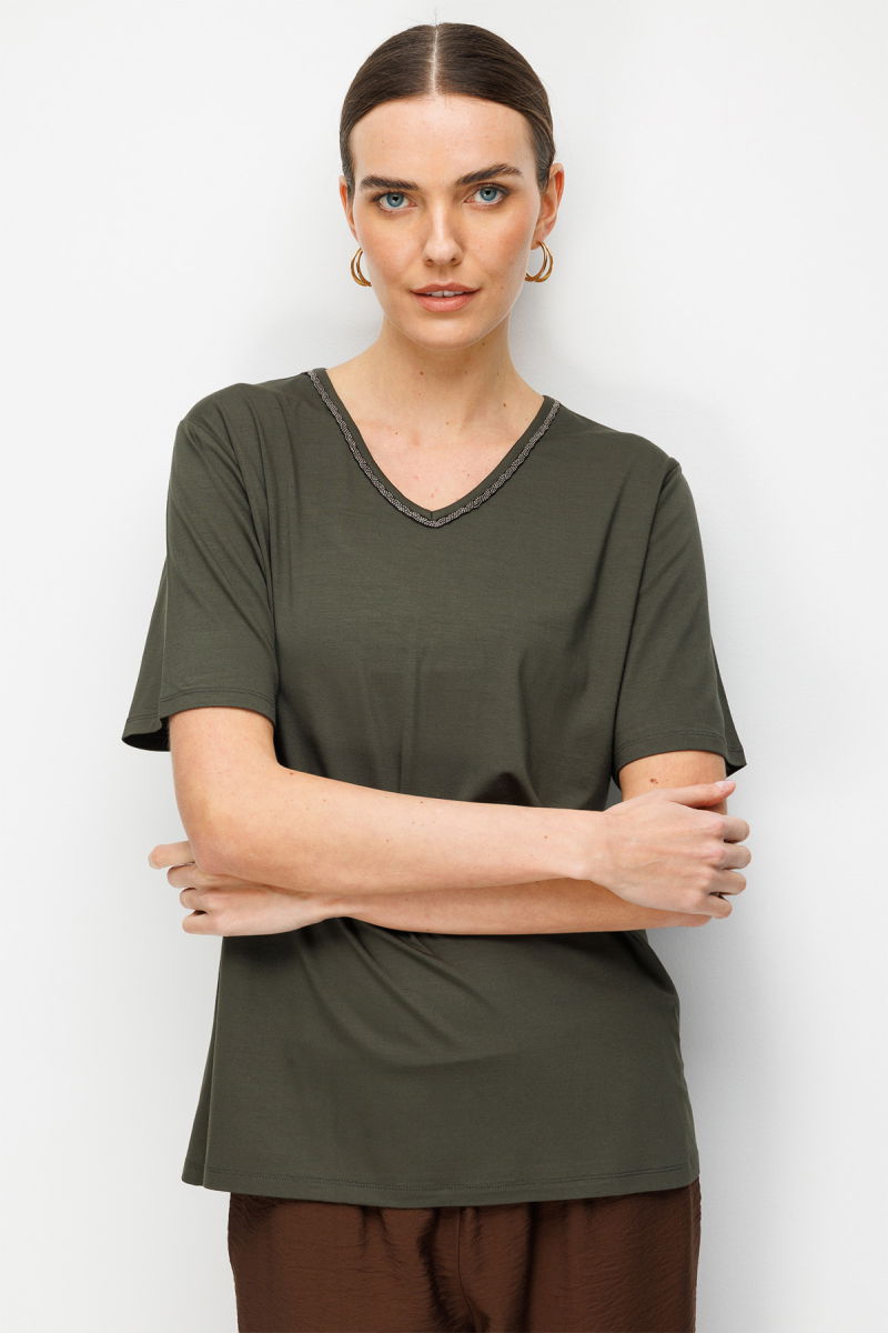 Desen Triko Kadın V Yaka Yaka Kenarı Zincirli Penye T-Shirt 26707 Haki - 3