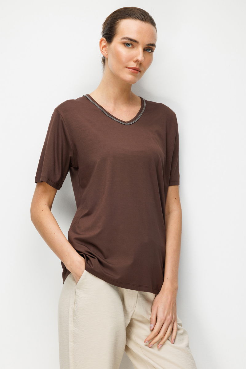 Desen Triko Kadın V Yaka Yaka Kenarı Zincirli Penye T-Shirt 26707 Kahverengi - Desen Triko