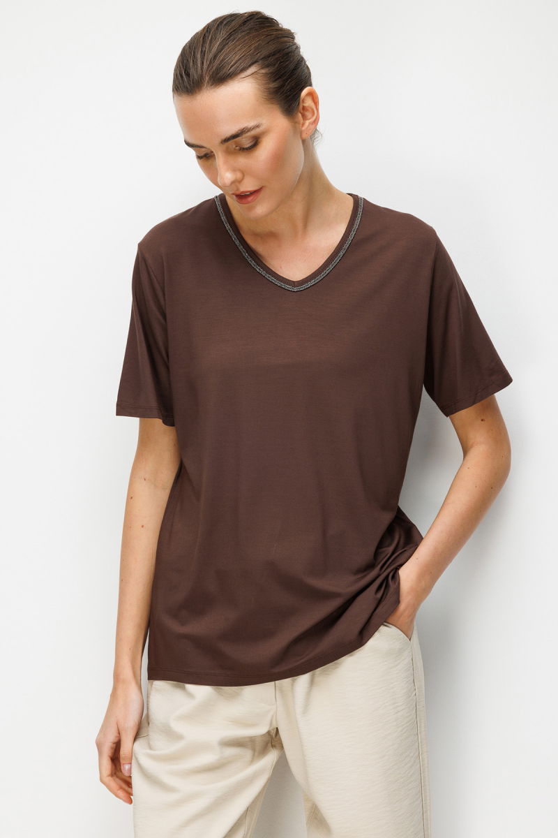 Desen Triko Kadın V Yaka Yaka Kenarı Zincirli Penye T-Shirt 26707 Kahverengi - 3