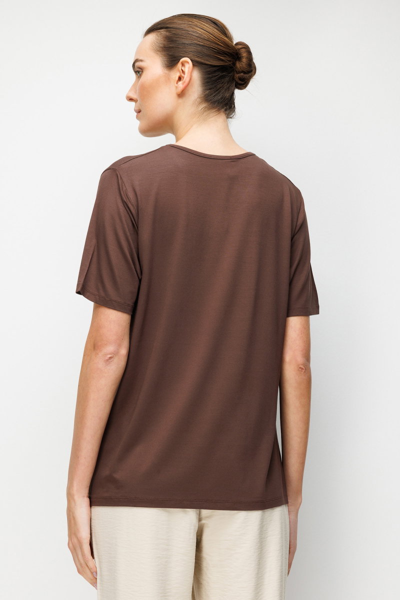 Desen Triko Kadın V Yaka Yaka Kenarı Zincirli Penye T-Shirt 26707 Kahverengi - 4