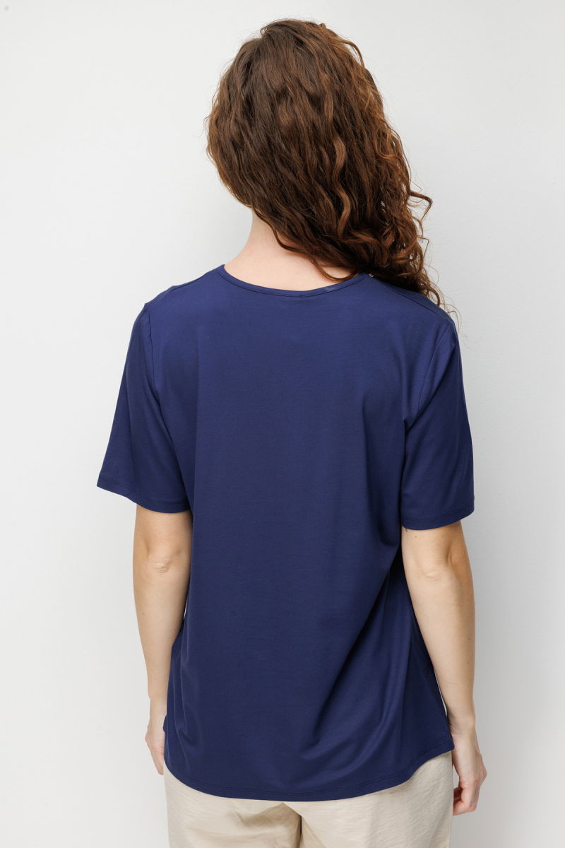 Desen Triko Kadın V Yaka Yaka Kenarı Zincirli Penye T-Shirt 26707 Lacivert - 4