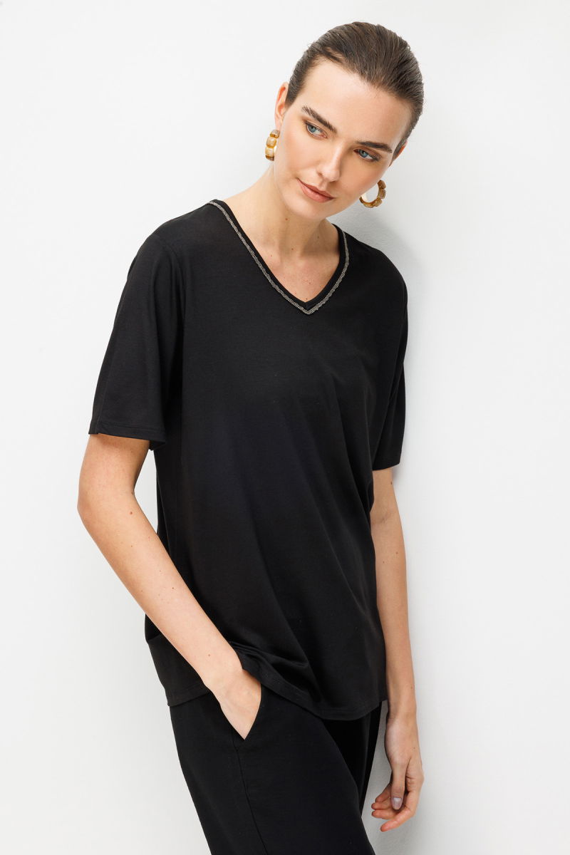 Desen Triko Kadın V Yaka Yaka Kenarı Zincirli Penye T-Shirt 26707 Siyah - Desen Triko