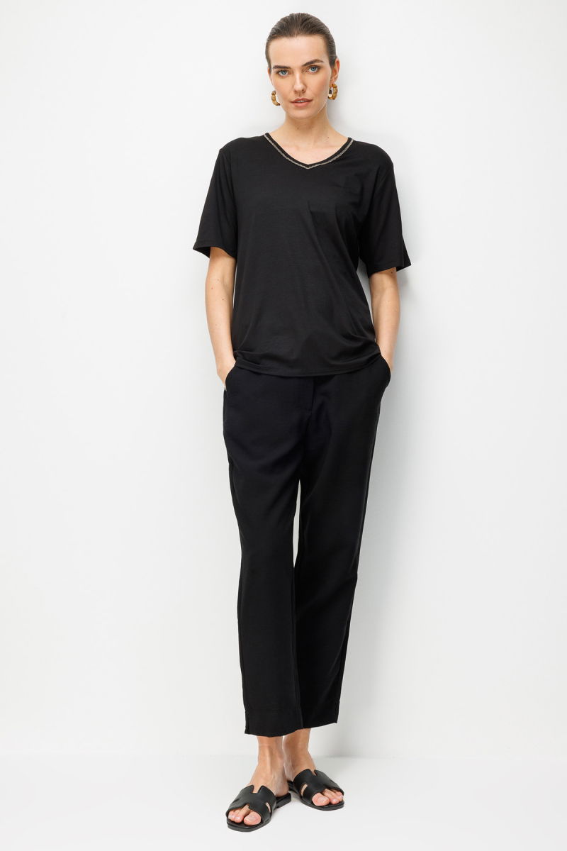 Desen Triko Kadın V Yaka Yaka Kenarı Zincirli Penye T-Shirt 26707 Siyah - 2