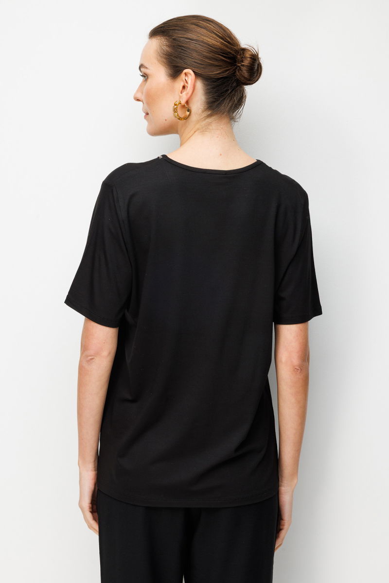 Desen Triko Kadın V Yaka Yaka Kenarı Zincirli Penye T-Shirt 26707 Siyah - 4