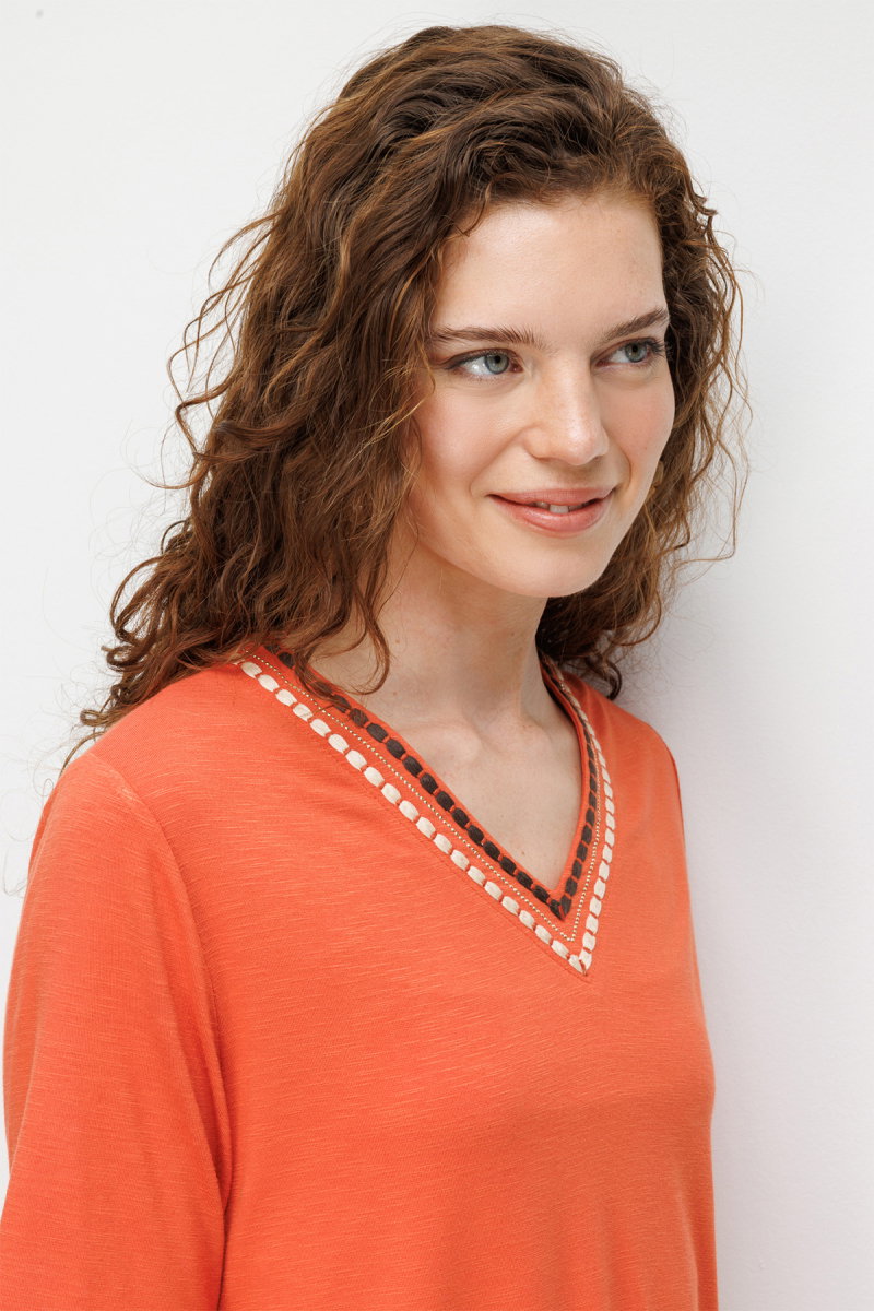 Desen Triko Kadın V Yaka Yakası İki Renkli İşlemeli Taşlı Penye T-Shirt 26844 Oranj - 2