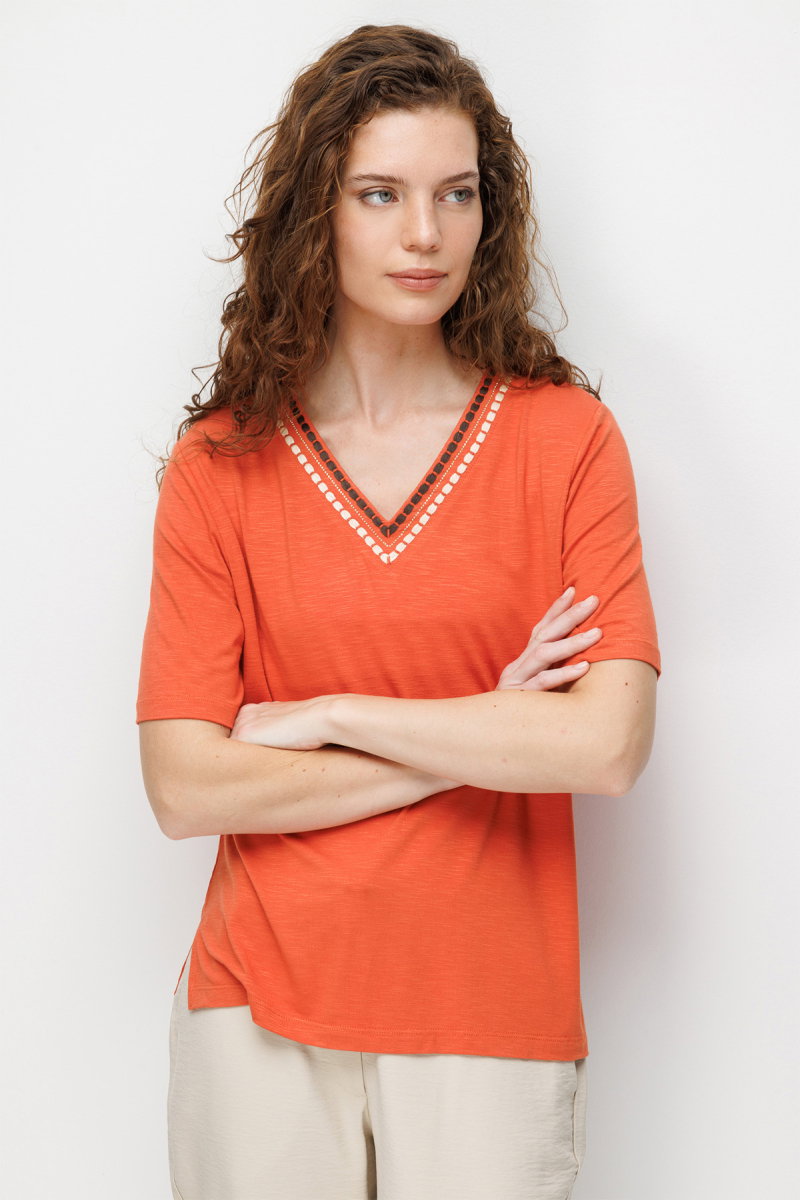 Desen Triko Kadın V Yaka Yakası İki Renkli İşlemeli Taşlı Penye T-Shirt 26844 Oranj - 3