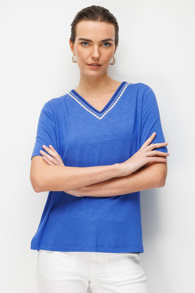 Desen Triko Kadın V Yaka Yakası İki Renkli İşlemeli Taşlı Penye T-Shirt 26844 Saks - 3