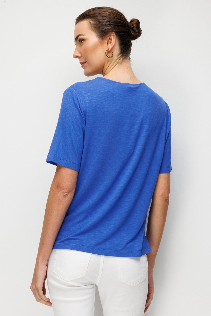 Desen Triko Kadın V Yaka Yakası İki Renkli İşlemeli Taşlı Penye T-Shirt 26844 Saks - 4