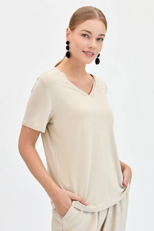 Desen Triko Kadın V Yaka Yakası Simli T-Shirt KMY24039 Vizon - 2