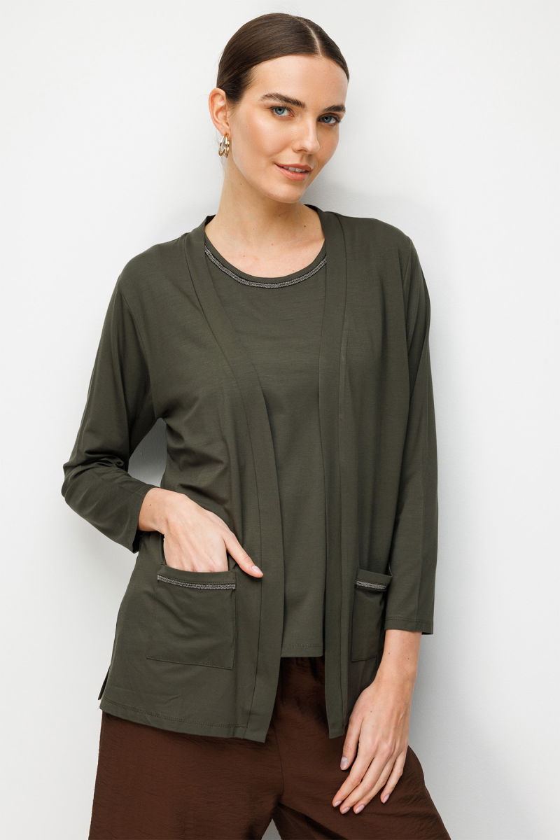 Desen Triko Kadın V Yaka Yakası ve Cep Üstü Zincirli Penye Hırka 26709 Haki - Desen Triko