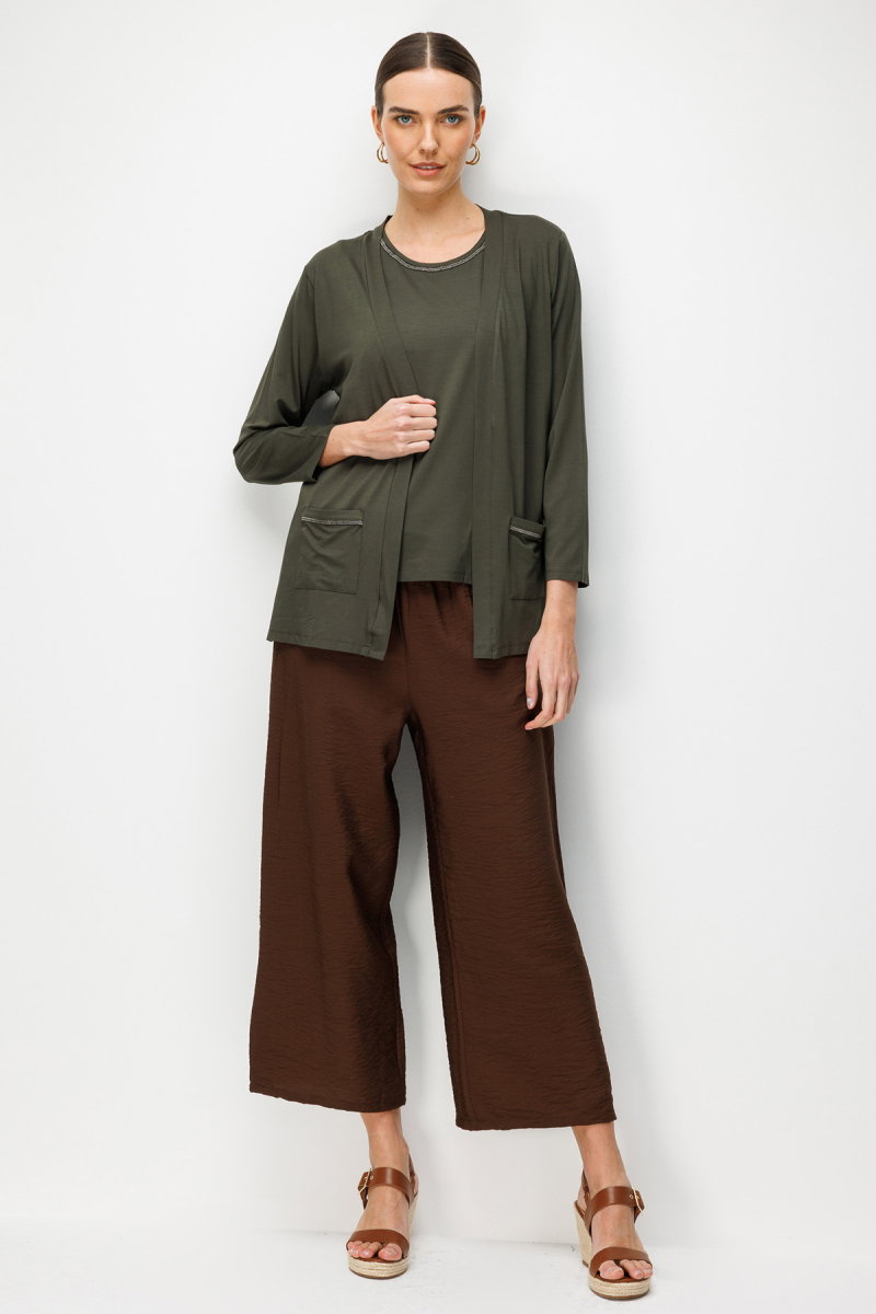 Desen Triko Kadın V Yaka Yakası ve Cep Üstü Zincirli Penye Hırka 26709 Haki - 2